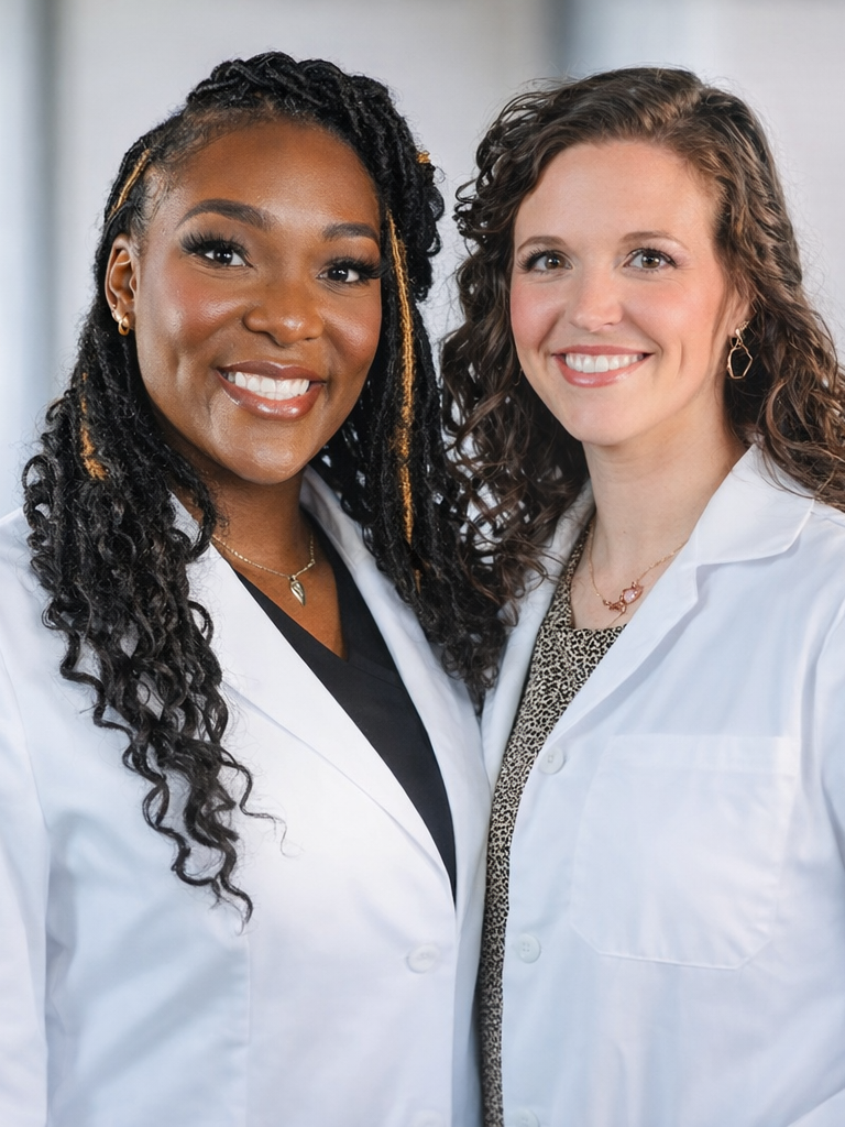 Two women in white lab coats smiling, standing close together in a professional setting.