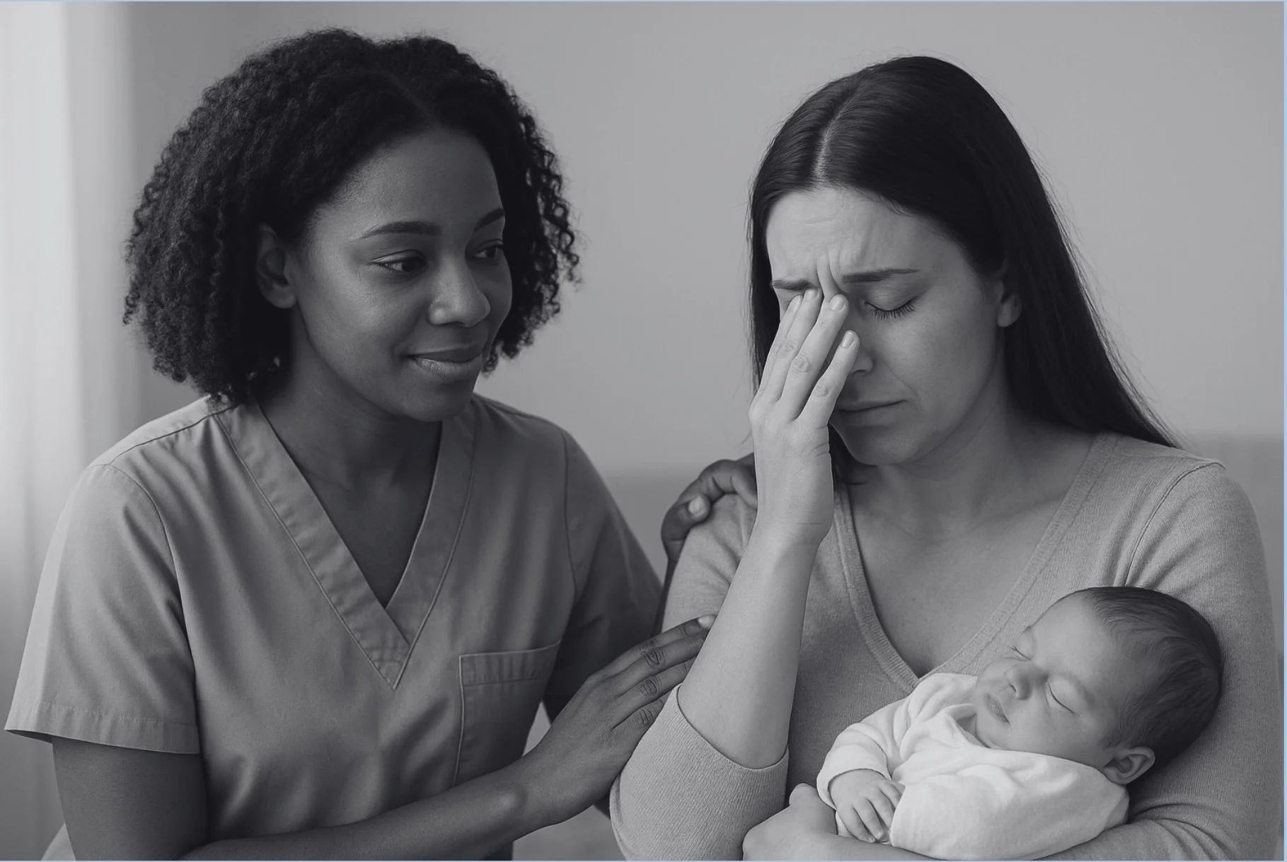 A nurse and a mother are comforting a crying baby. The nurse is wearing scrubs and is smiling gently, while the mother looks distressed, holding her forehead with one hand and cradling the baby with the other.