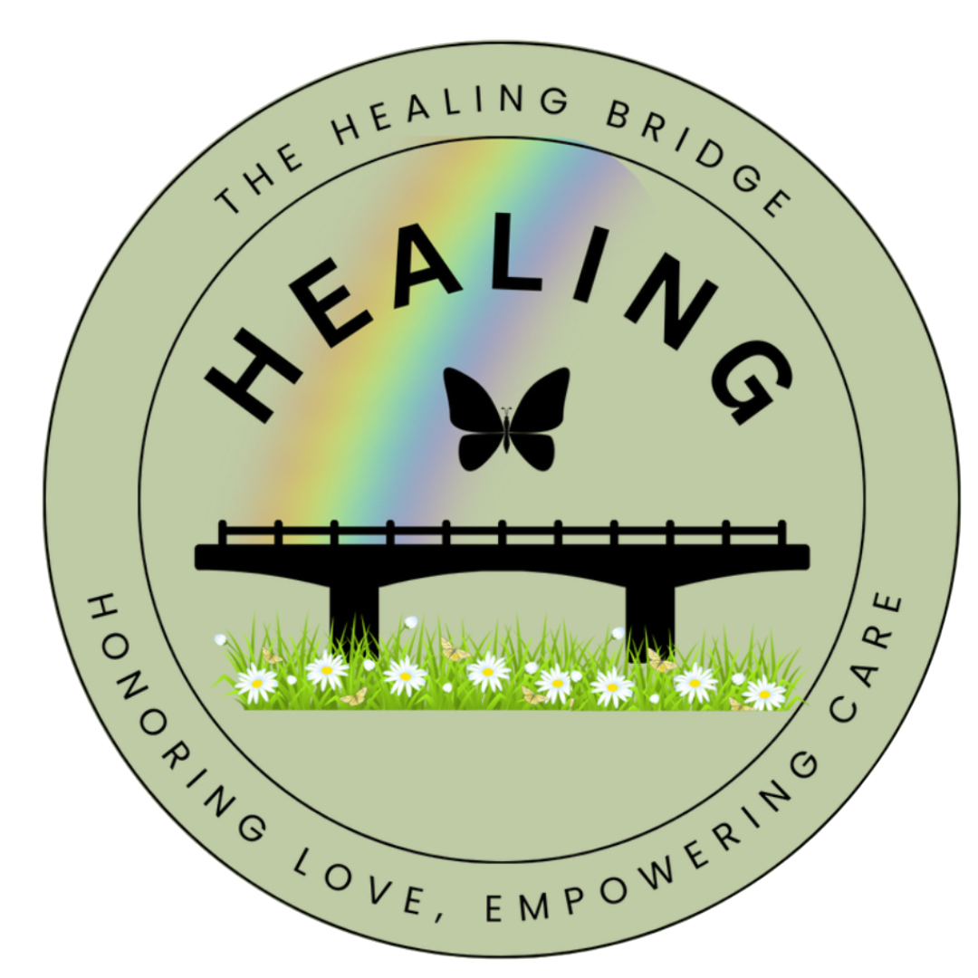 A circular logo for Healing, featuring a black butterfly, a black bridge, daisies, butterflies, and a rainbow, with the motto "Honoring Love, Empowering Care."
