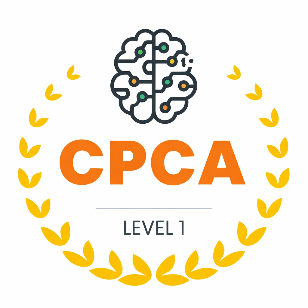 Level 1 CPCA certification badge with a brain icon, olive branch border, and orange and black text.