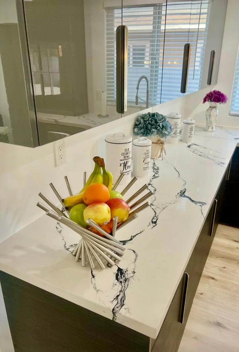 "Curated counter top design with versatile styling options to elevate entertaining and elegant presentation."