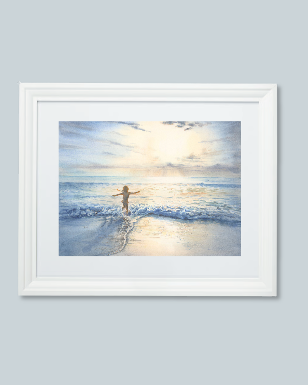 A watercolor painting of a person standing in shallow ocean water with arms outstretched, facing a bright sunrise over the water, surrounded by clouds.