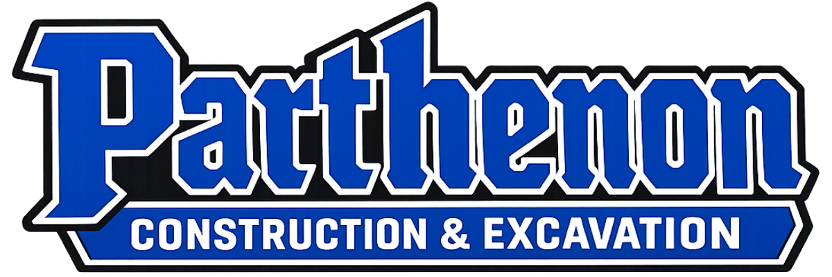Logo for Parthemon Construction & Excavation in blue and white