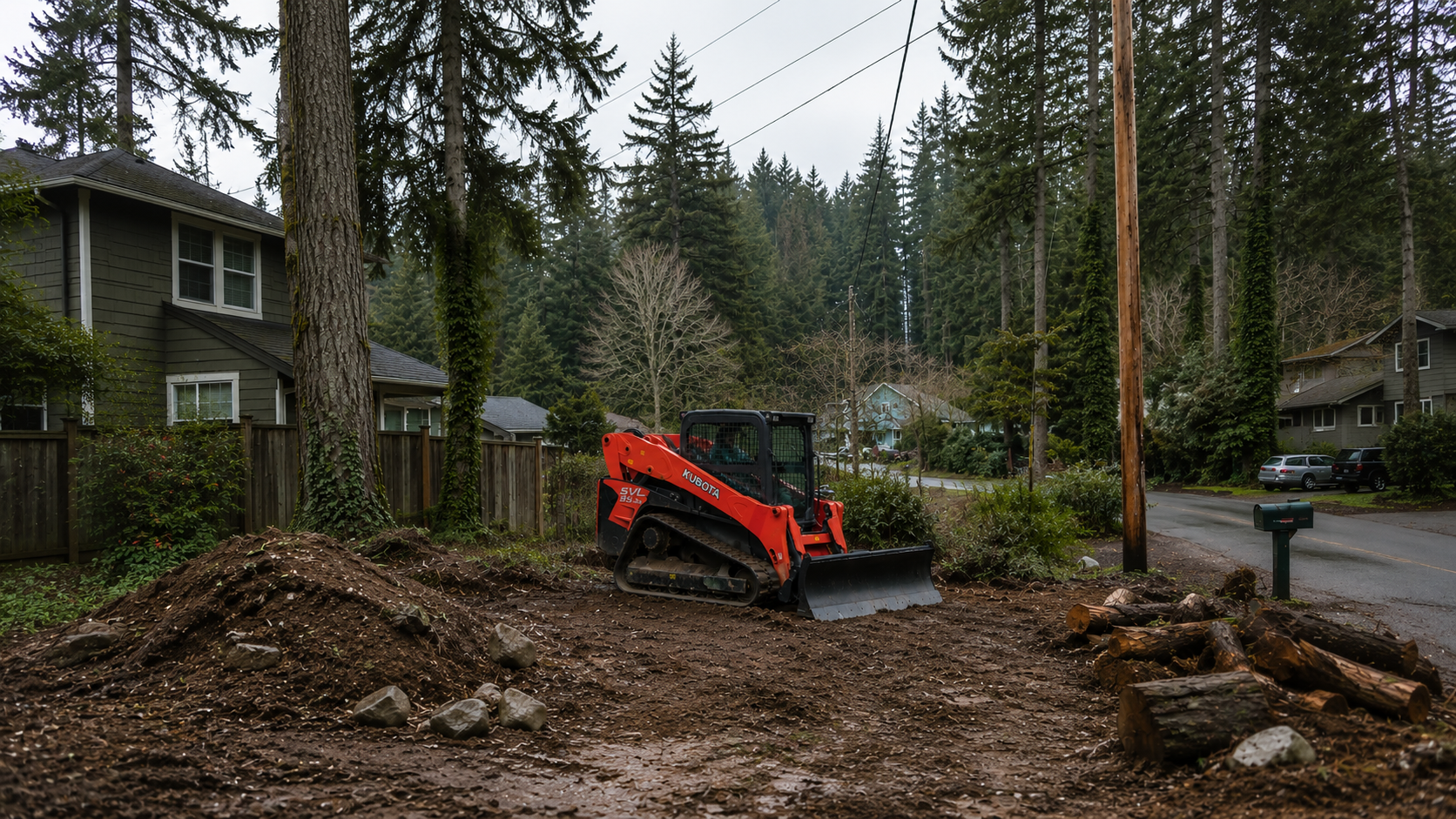 A small Kubota landscaping compact track loader parked on a dirt lot next to a wooden fence, with a pile of dirt and rocks in the foreground and a stack of logs to the right, in a suburban neighborhood with trees and houses.