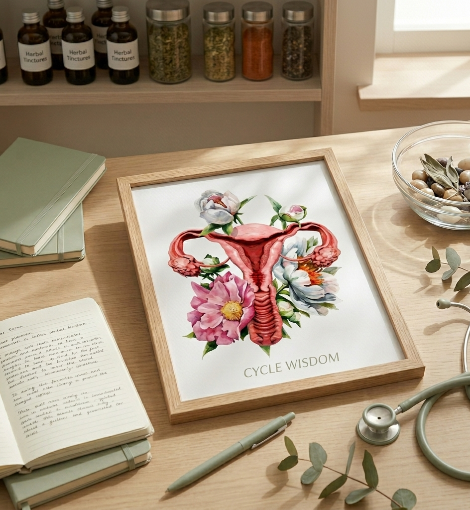 Desk with medical books, a stethoscope, and a framed illustration of a uterus with flowers labeled "Cycle Wisdom." In the background, shelves hold jars of herbal tinctures and spices.