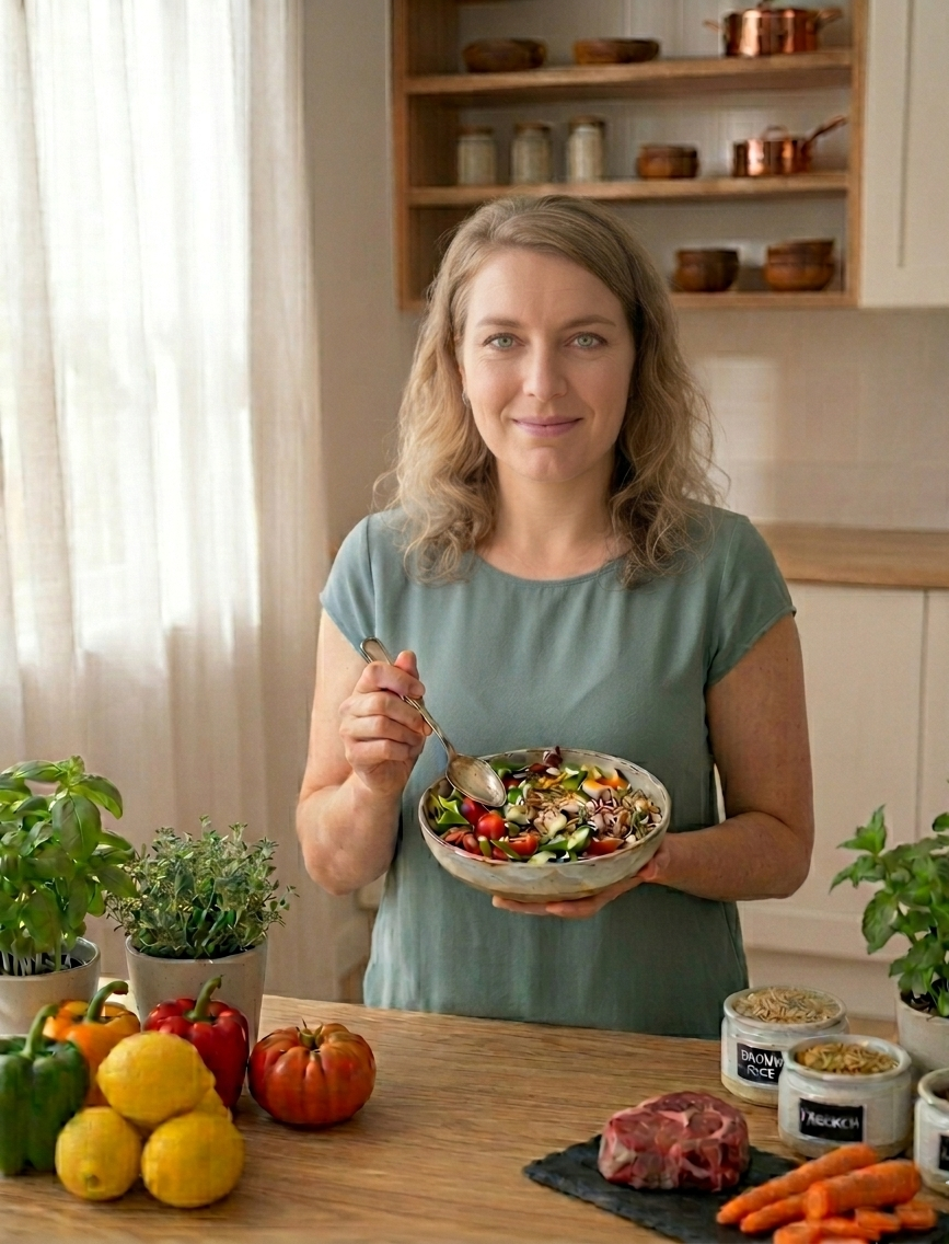 A woman holding a bowl of salad in a kitchen with fresh vegetables and herbs on the counter.
