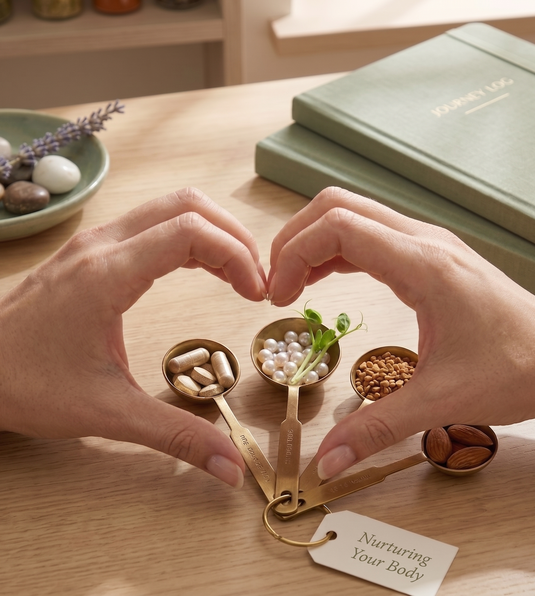 A person's hands form a heart shape around a picture of four small golden measuring spoons filled with capsules, pearls, seeds, and nuts, with a tag that reads 'Nurturing Your Body'.