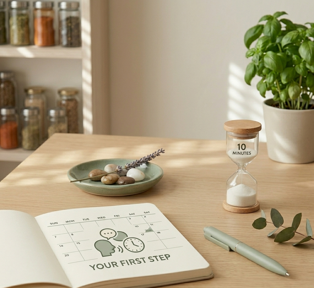 A desk with a planner open to a calendar page, a green pen, an hourglass timer labeled '10 MINUTES,' a green plant in a white pot, a small green ceramic dish with pebbles and a lavender sprig, and a shelf with jars of spices or herbs in the background.