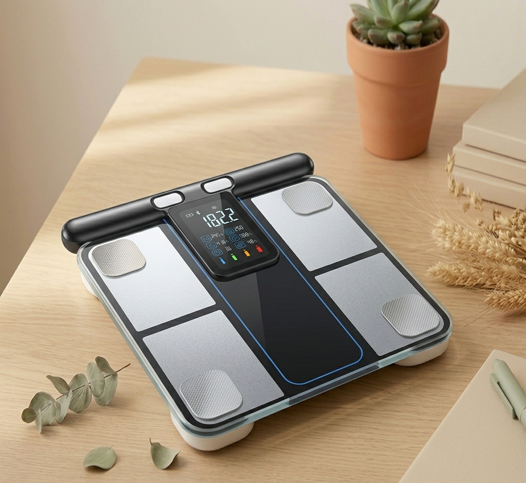 Digital smart scale on a wooden table with a potted succulent plant and some dried flowers nearby.