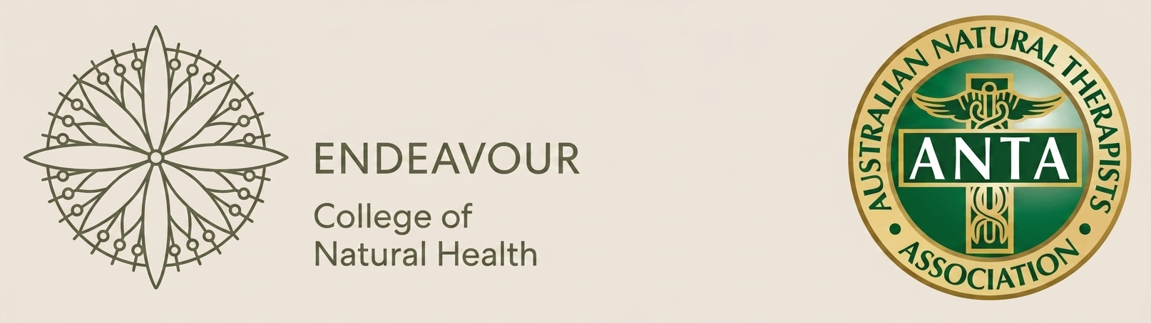 Logos of Endeavour College of Natural Health and the Australian Natural Therapists Association (ANTA) on a beige background.