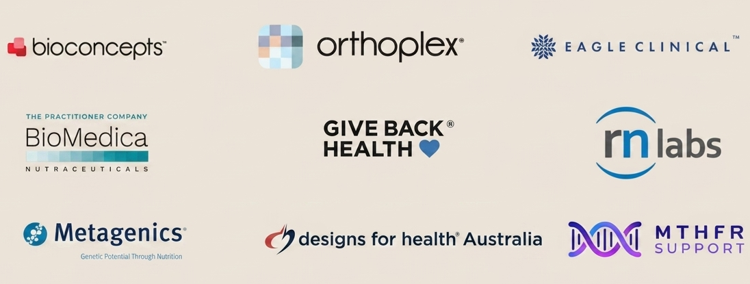 Logos of various healthcare and biotech companies, including Bioconcepts, Orthoplex, Eagle Clinical, BioMedica, Give Back Health, RN Labs, Metagenics, Designs for Health Australia, and MTHFR Support.