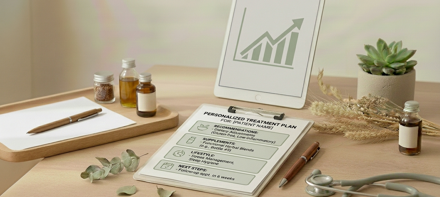A workspace with a personalized treatment plan on a clipboard, pills and bottles, a tablet with a growth chart, a pen, and plants on a wooden desk.