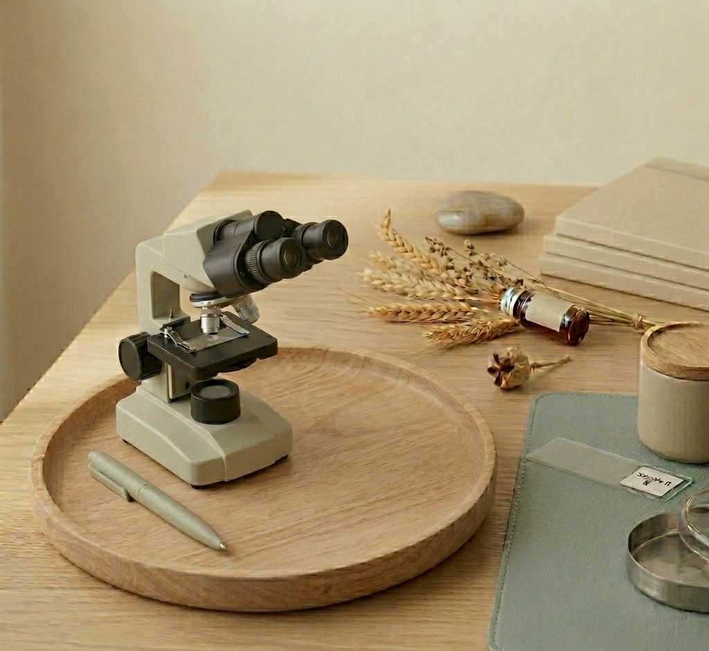 A microscope on a wooden tray, dried wheat stalks, a small vial, and a stone on a wooden desk.