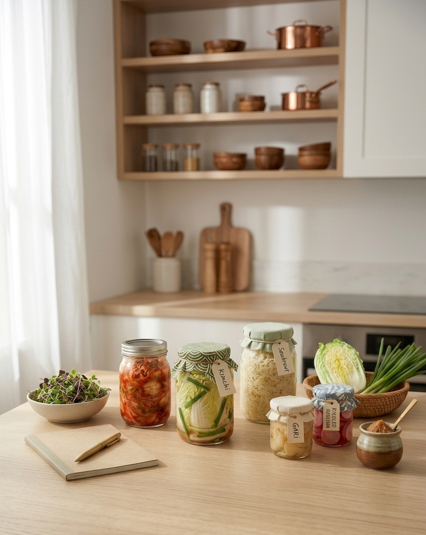 A light-colored wooden kitchen counter with jars of preserved vegetables, a bowl of sprouts, a notebook, and a pen, with kitchen shelves and cabinetry in the background.