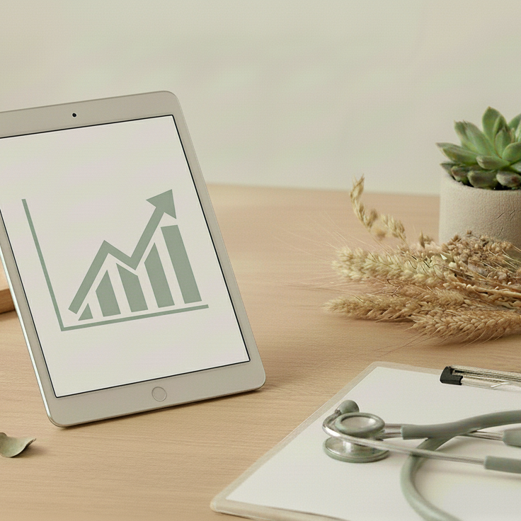 A tablet displaying an upward trending graph, a clipboard with a stethoscope on top, and a potted succulent plant on a wooden desk.
