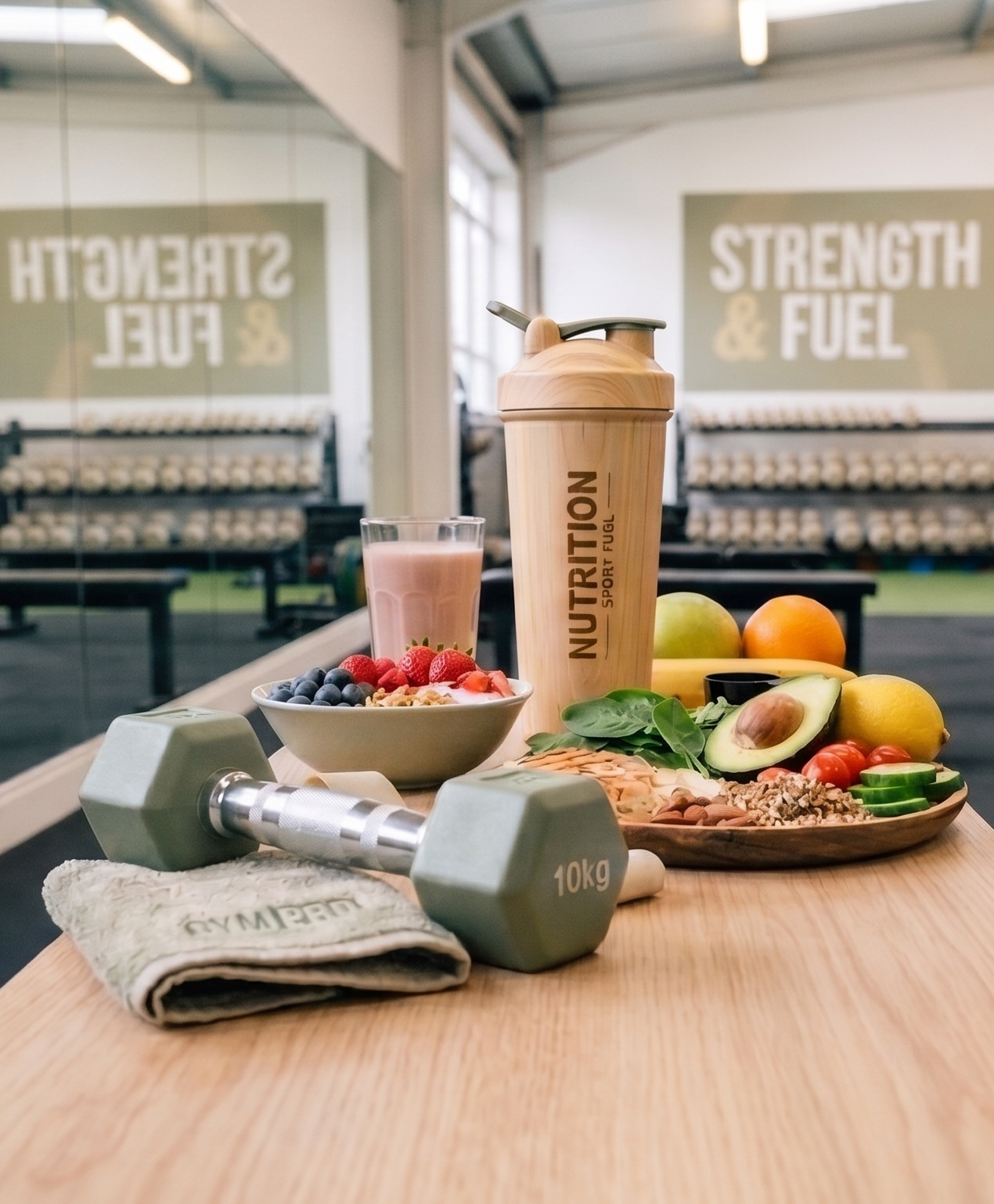 Workout scene with a wooden table holding gym equipment and healthy food, including a dumbbell, a towel, a fruit smoothie in a shaker bottle, a bowl of berries and granola, and a plate with sliced avocado, tomatoes, cucumber, and other fruits. The background shows a gym with workout benches and shelves with dumbbells.