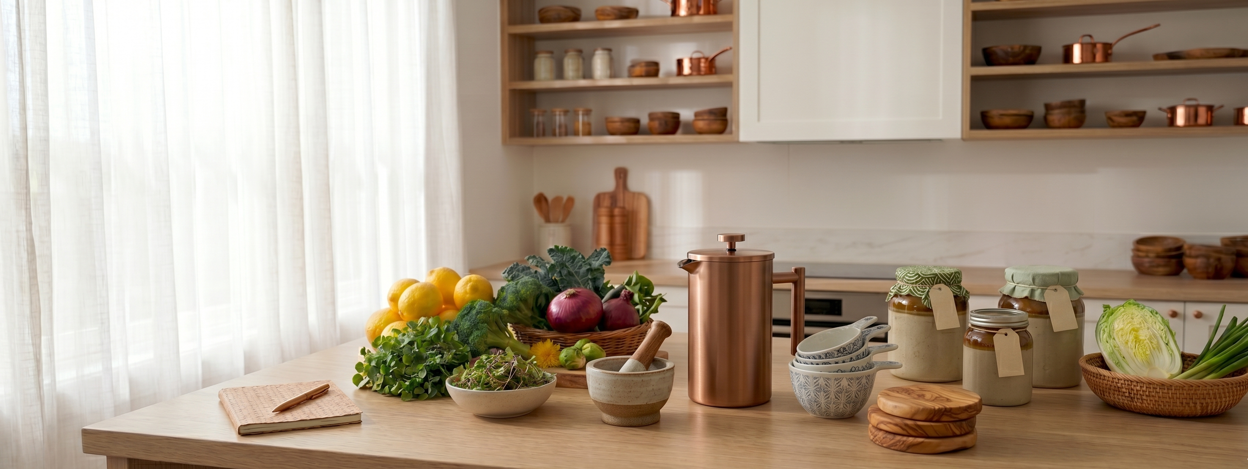 A kitchen countertop with fresh vegetables, jars, and bowls, illuminated by natural light through sheer curtains.