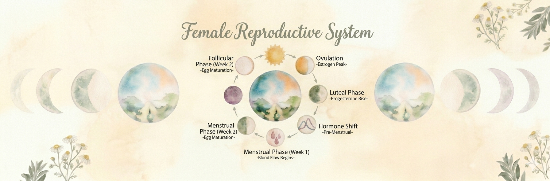 Diagram of the female reproductive system showing the different phases of the menstrual cycle, including follicular, ovulation, luteal, hormone shift, menstrual, and follicular phases, with labels and illustrations of the moon phases.
