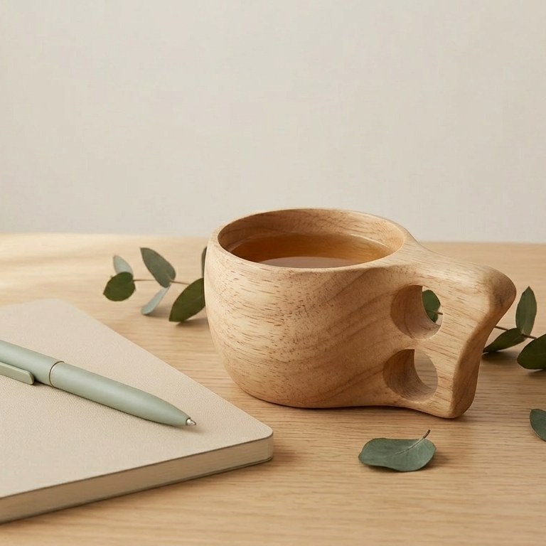 A wooden skull-shaped mug filled with a hot beverage, placed on a light wooden surface alongside green eucalyptus leaves, a closed beige notebook, and a matching light green pen.