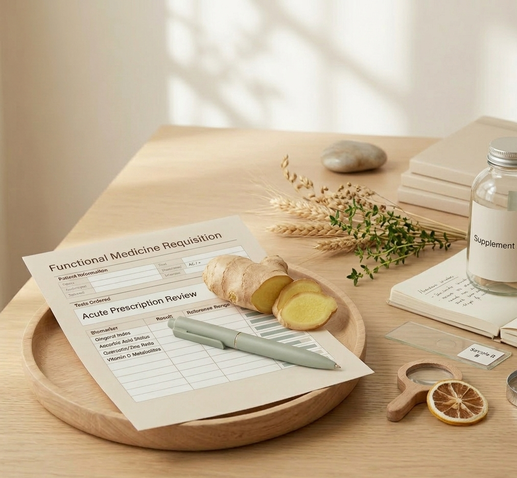 A wooden tray with a medical form, a green pen, ginger root, and slices of ginger on it. The table also has a sprig of green herb, a book with a supplement bottle on top, a small wooden magnifier with a dried lemon slice, and a few stacked notebooks. The background features a light-colored wall with natural light.