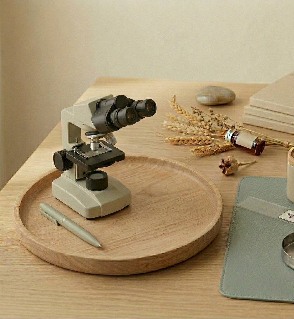 Microscope on a wooden tray with dried plants and a pen nearby on a wooden desk, with more dried plants and stones in the background.