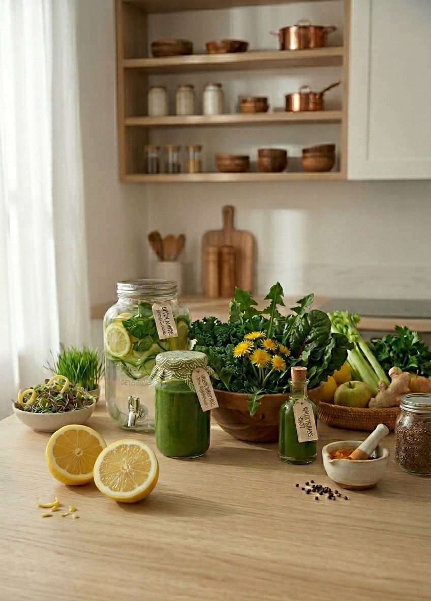 Fresh lemons, green vegetables, and herbs on a wooden kitchen countertop.