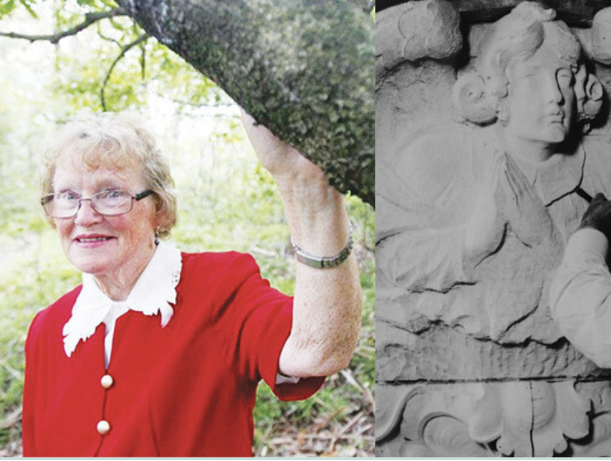 Elderly woman in red jacket and glasses smiling outdoors, holding a branch; next to a black-and-white photo of a person carving a large stone sculpture.