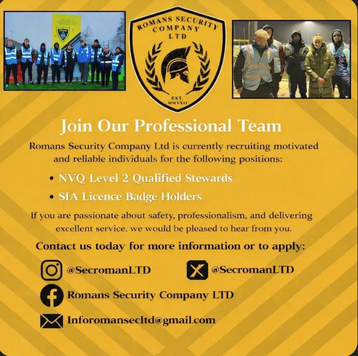 Recruitment flyer for Romans Security Company Ltd featuring company logo, two photos of security personnel, and contact information including social media handles and email address.