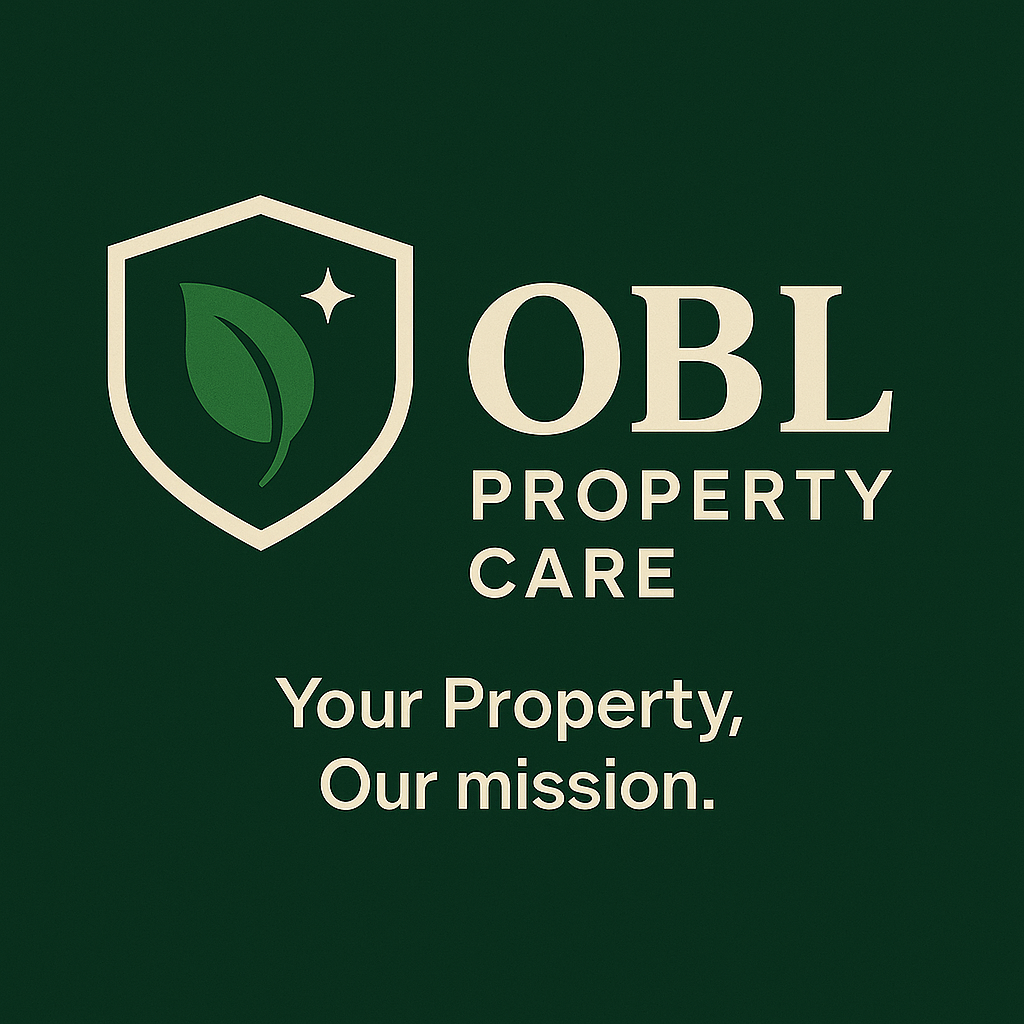 OBL Property Care logo featuring a shield with a leaf and star, with text 'Your Property, Our mission' on a green background.