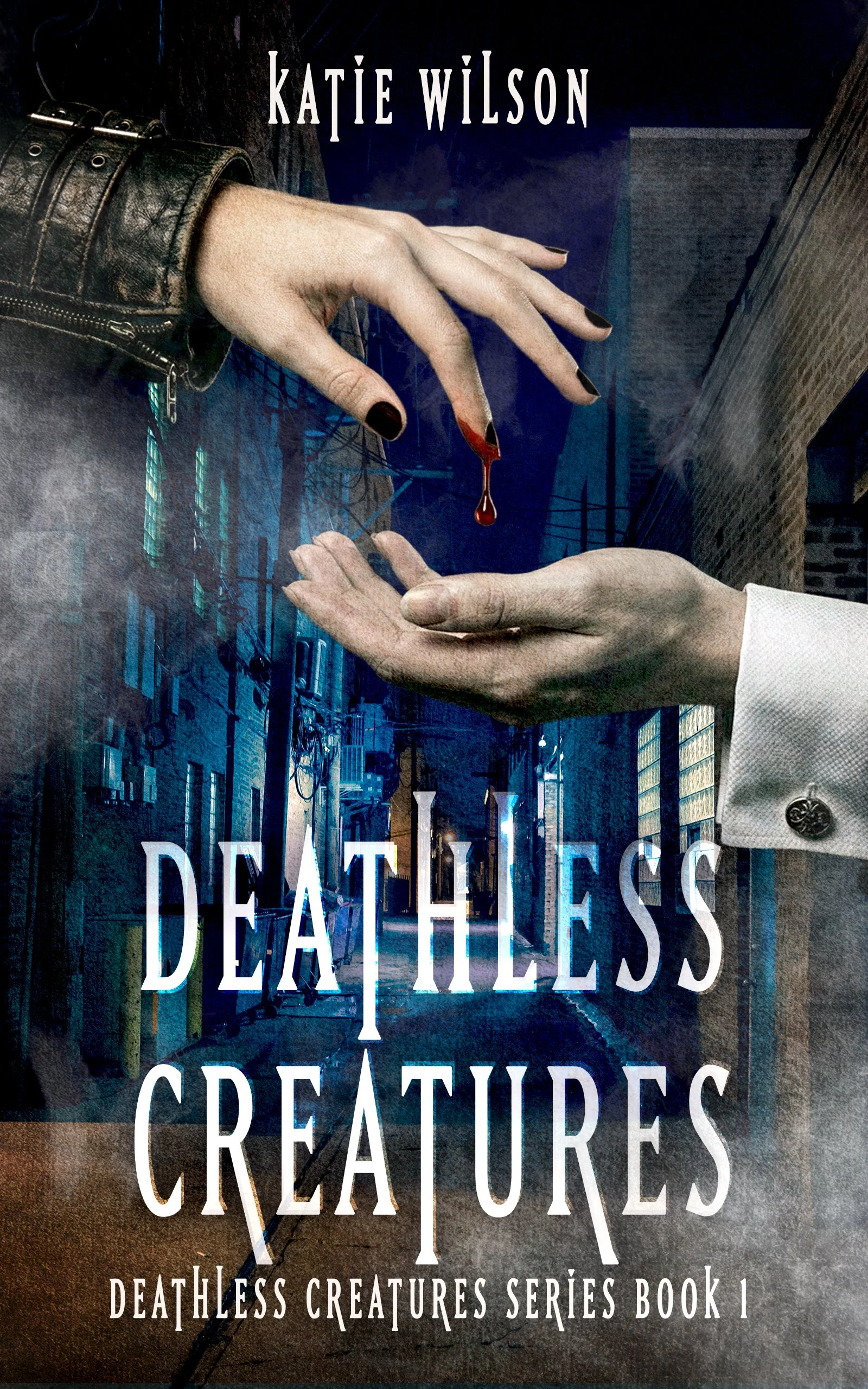 Book cover shows a city alley at night with two hands and a drop of blood dripping from one to another.