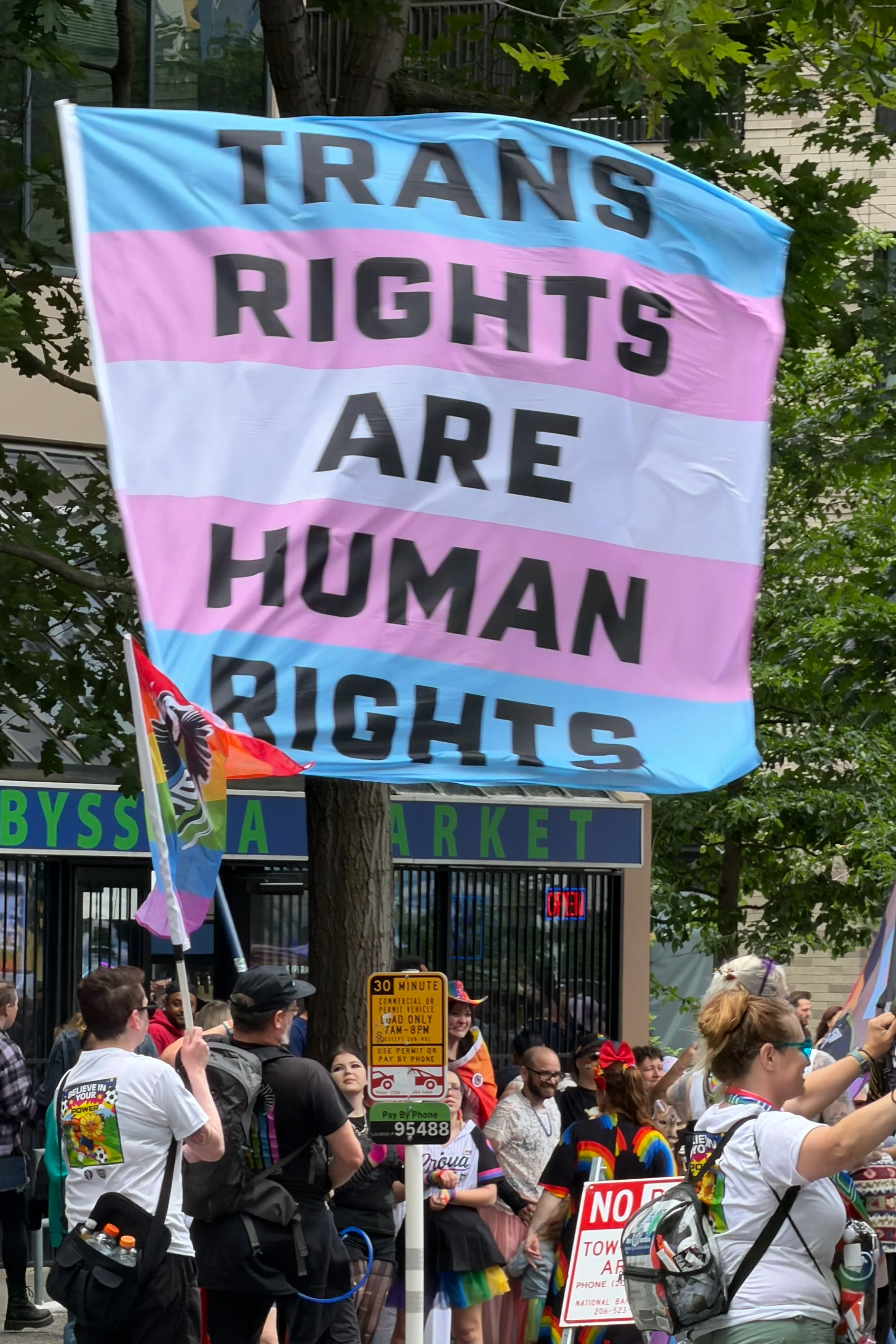 A Trans Pride flag is being waved with the words, "Trans Rights Are Human Rights" printed on it