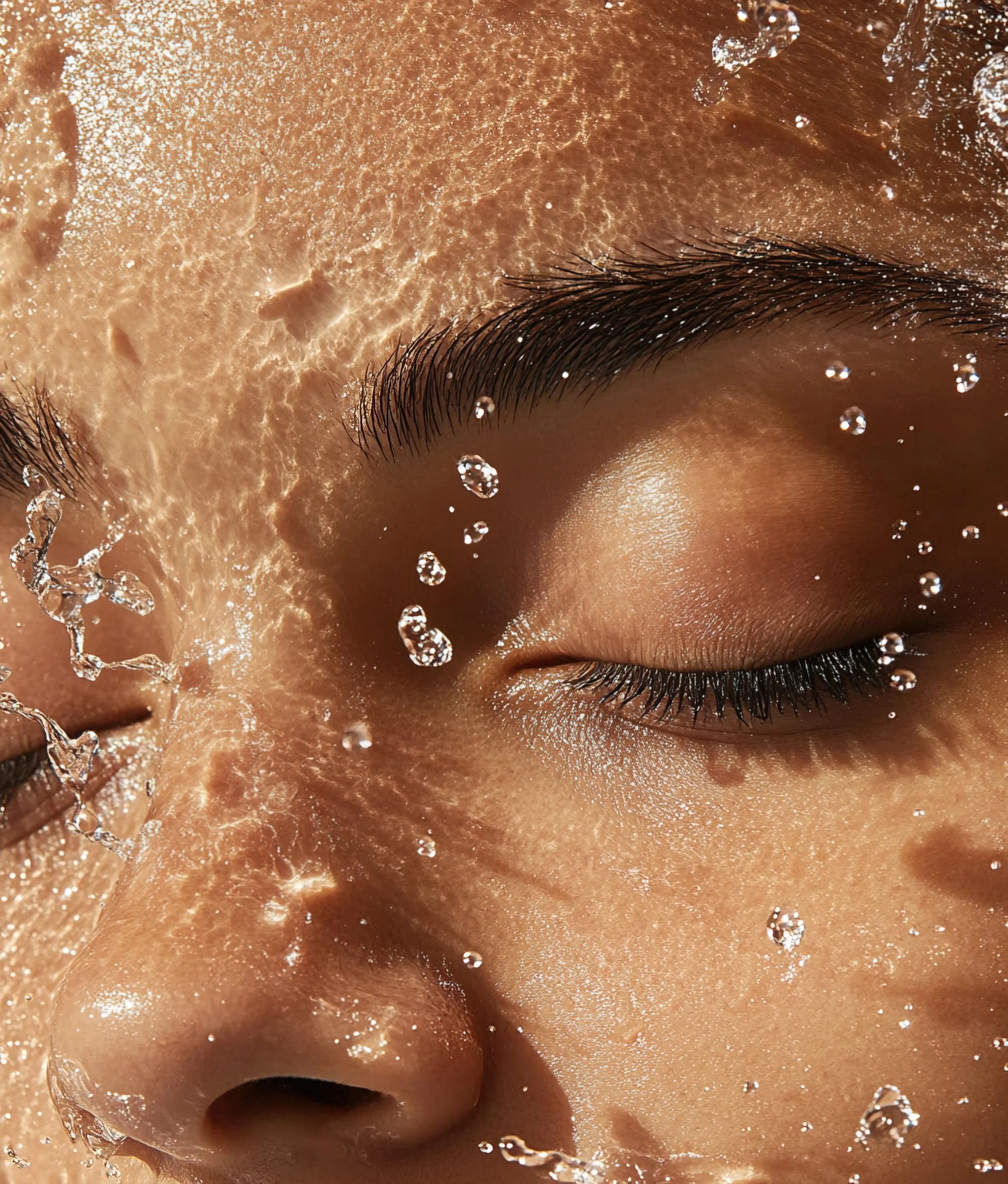 Close-up of a person's face with closed eyes, water splashing across the face, highlighting skin texture and facial features.