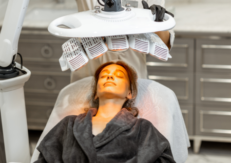 Woman receiving a cosmetic or dermatological treatment with a laser or light device in a clinic.