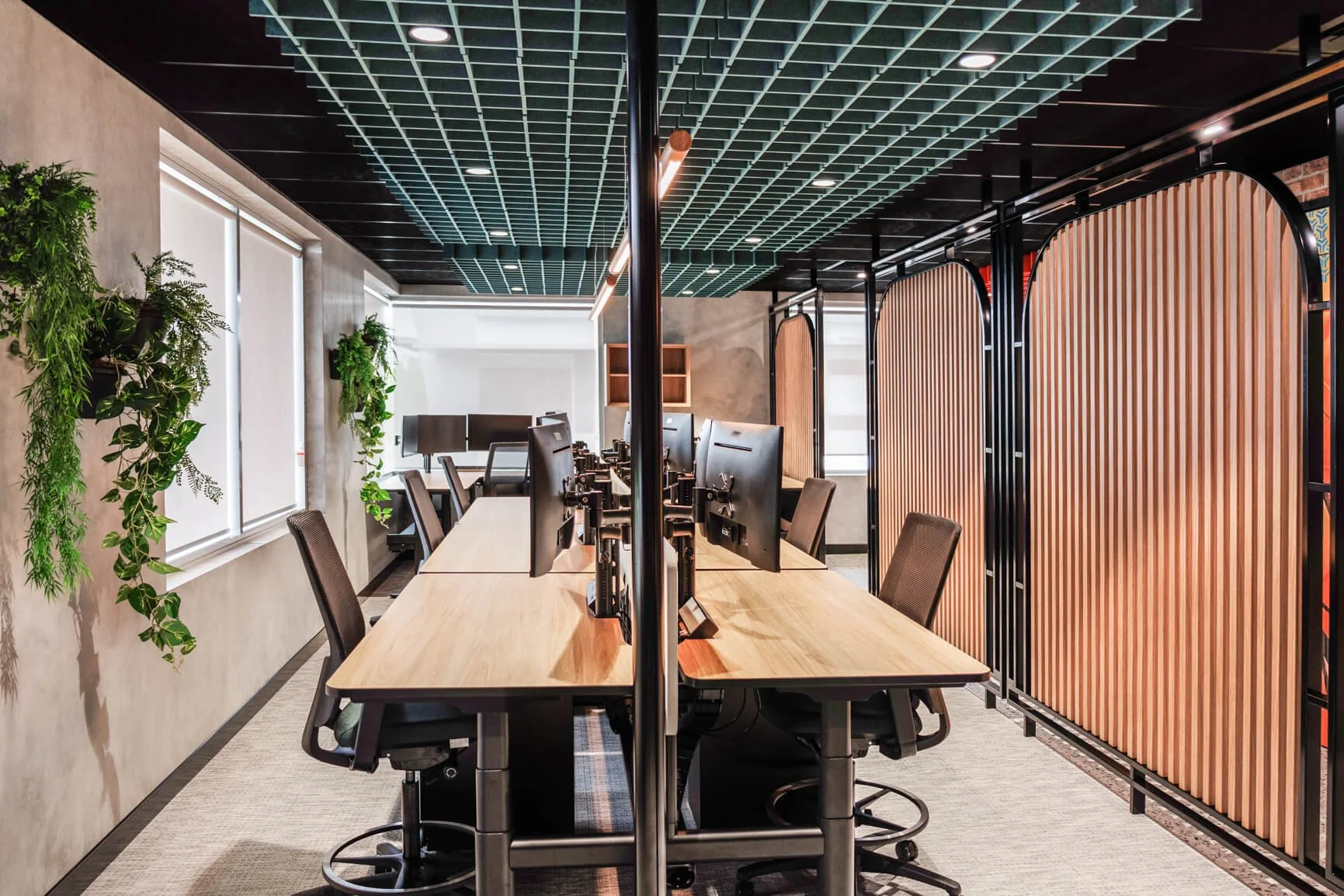 Modern shared workspace with a wooden table, multiple computer monitors, office chairs, and green plants on the windowed wall. Interior features a green grid ceiling and wooden partition screens.