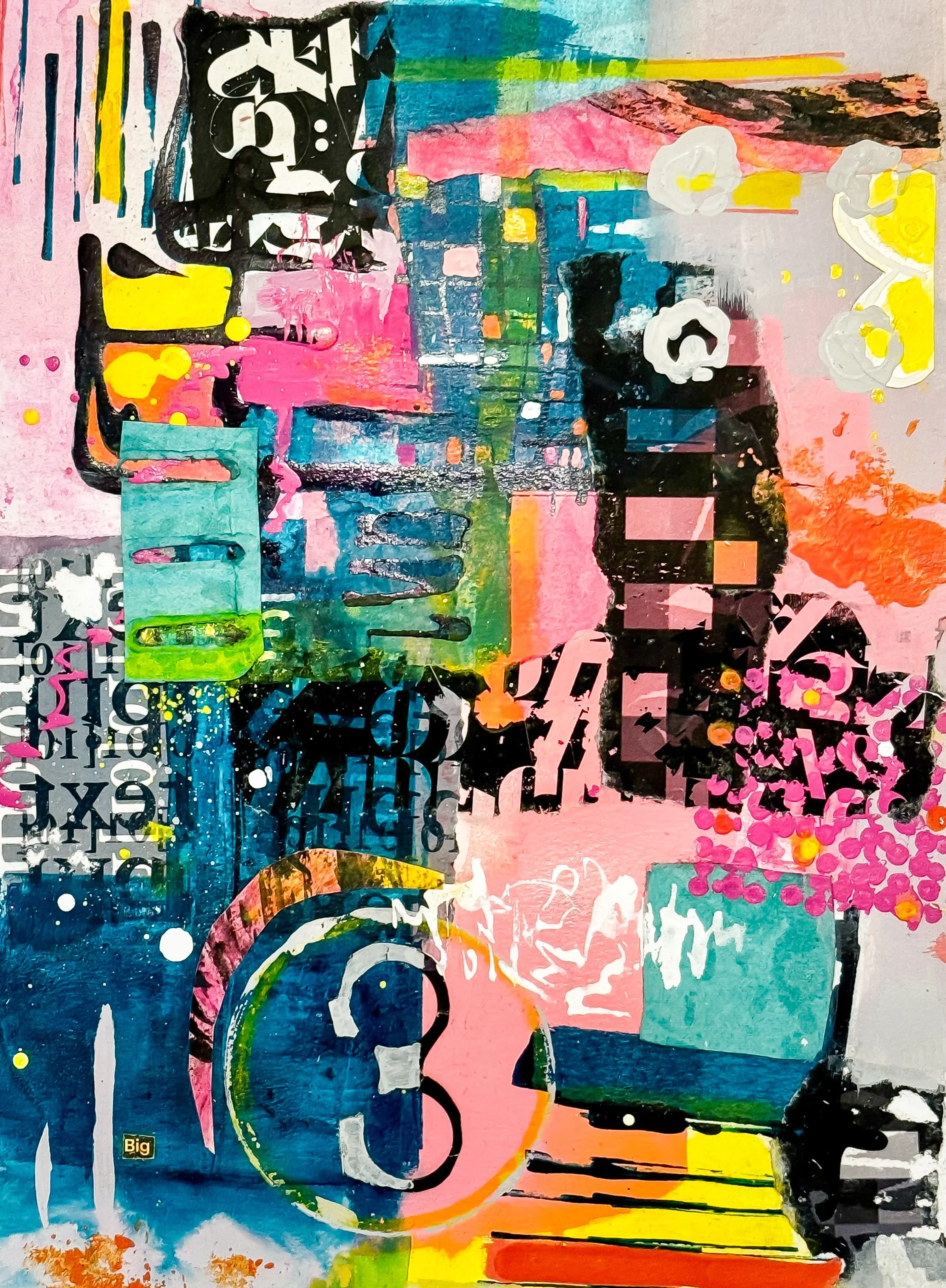 An abstract painting with vibrant colors and various shapes, including black, pink, blue, green, yellow, and orange, featuring layered patterns and textures.