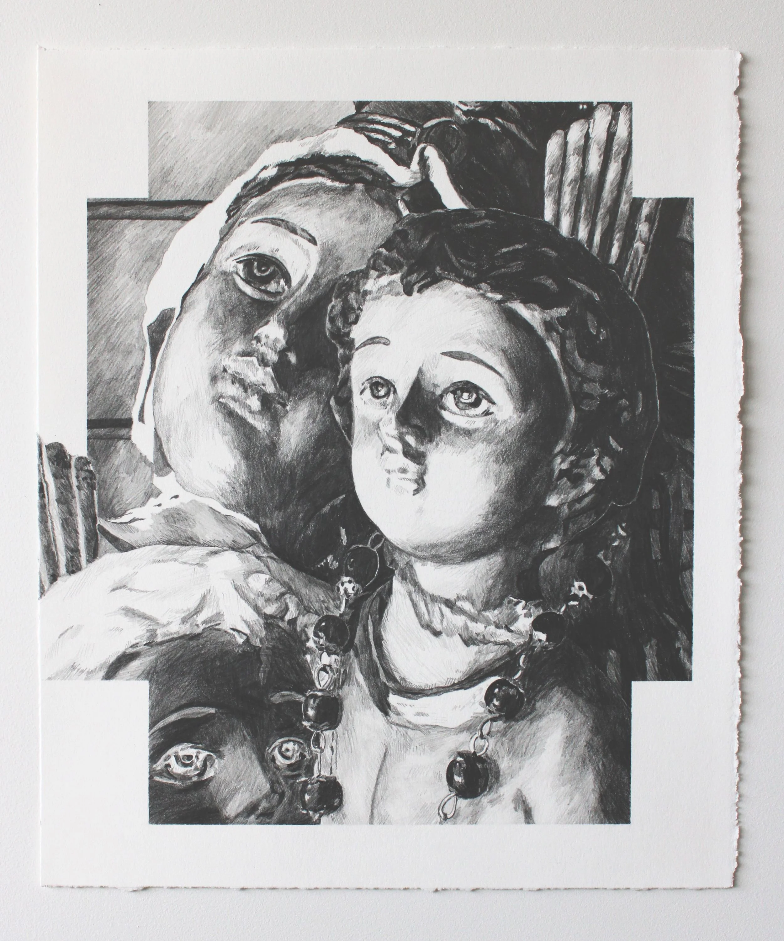 A black and white drawing of two young girls, one with braided hair and the other with curly hair, and a dog, all close together, with a background of a chair and wall.