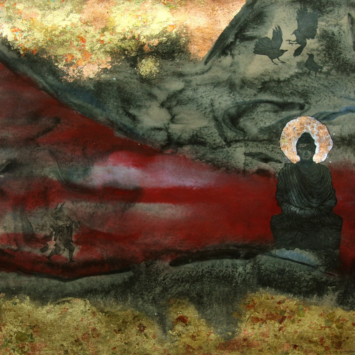 An artistic painting depicting a meditative figure seated in a cross-legged position, with a halo-like golden circle around their head. The background is surreal with dark clouds and flying birds, and a figure dancing on the lower left.