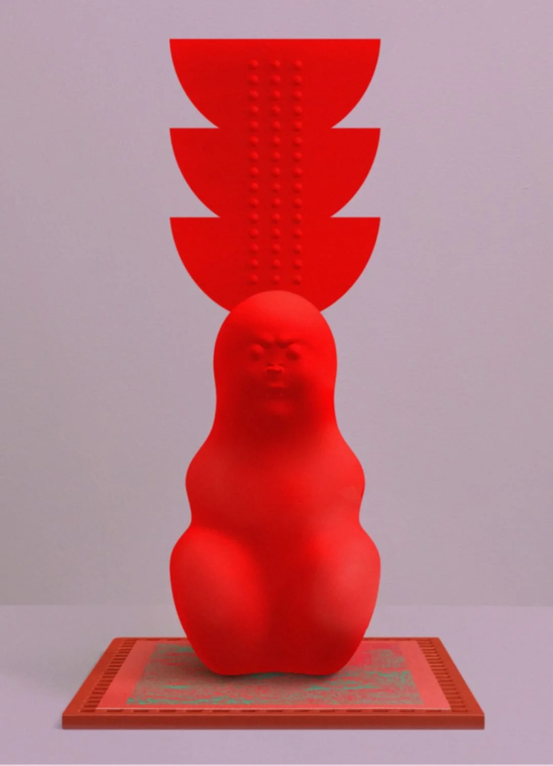 Red art sculpture with a humanoid face on a wavy body, topped by a vertical structure with semicircular shapes and small dots.