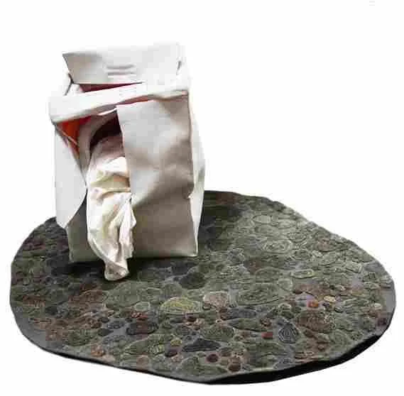  Water Stain-Washing Machine 
 Cloth, Embroidery, Knitting Wool, and Latex 
 80 x 60 x 55 cm, 2014 