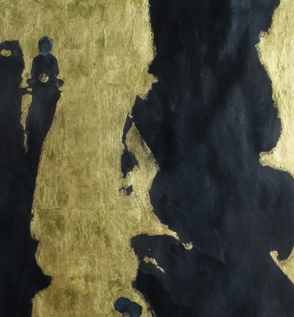 Silhouette of two people facing each other with shiny gold background, and a small tattooed person sitting on the far left.