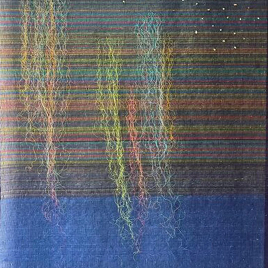  Crystal Bay Of Nusa Penida 
 Woven plastic and cotton threads, stone beads, plastic threads 
 105 x 187 cm, 2022 