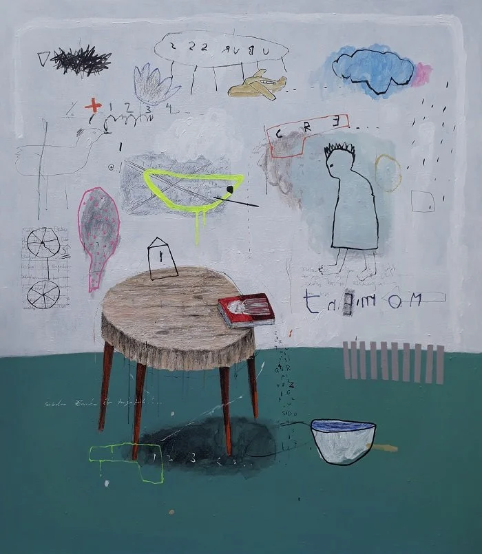  Sebelum Buku Itu Terjatuh (Before the Book Fell) 
 Acrylic, marker, pencil on canvas 
 2023 