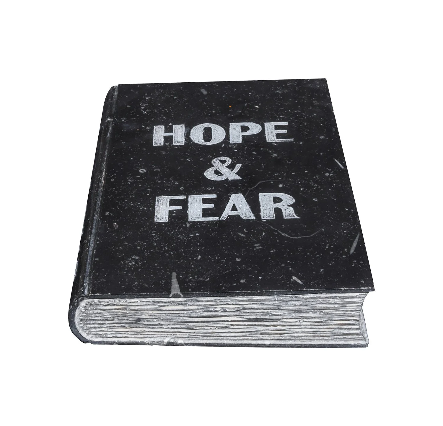 A black book with the words "Hope & Fear" written on the cover in white letters.
