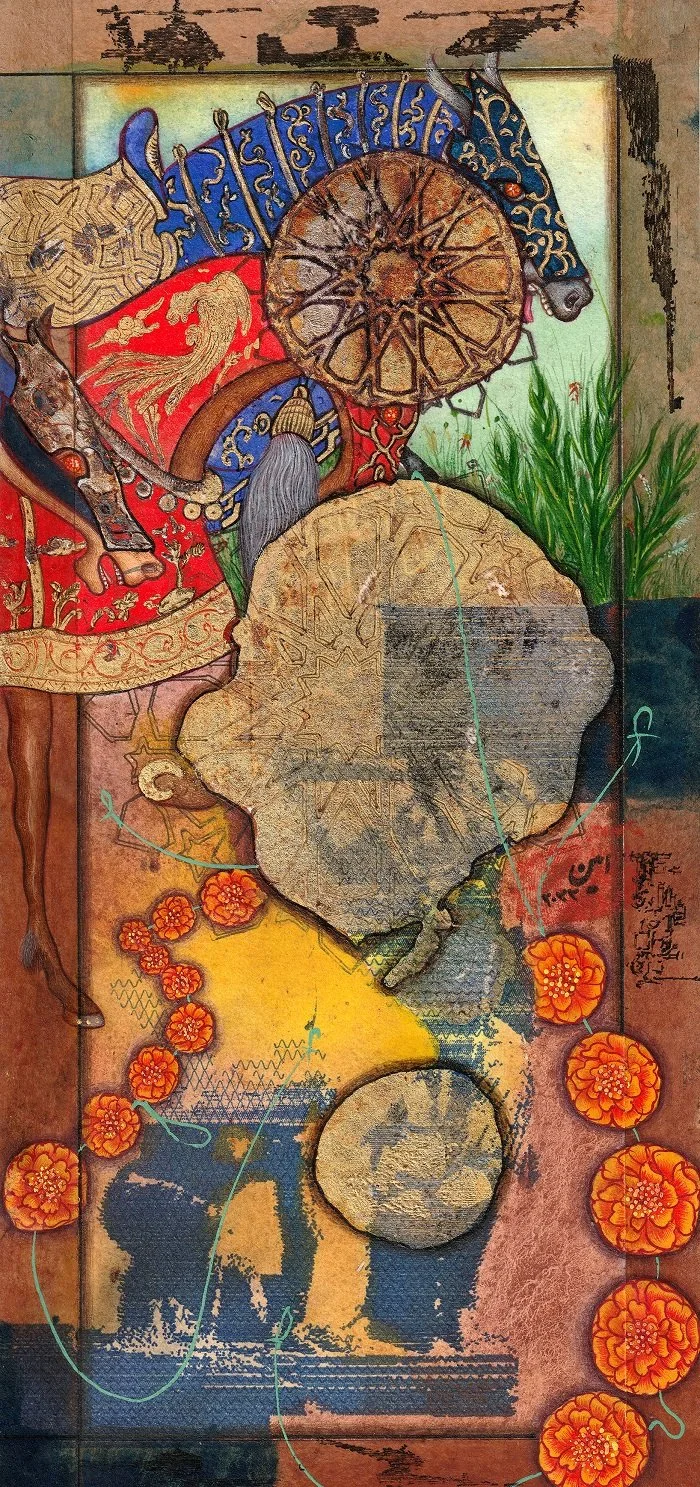 Abstract artwork featuring a rooster with ornate patterns, a large textured stone, and various circular and floral elements, including orange flowers and green foliage.