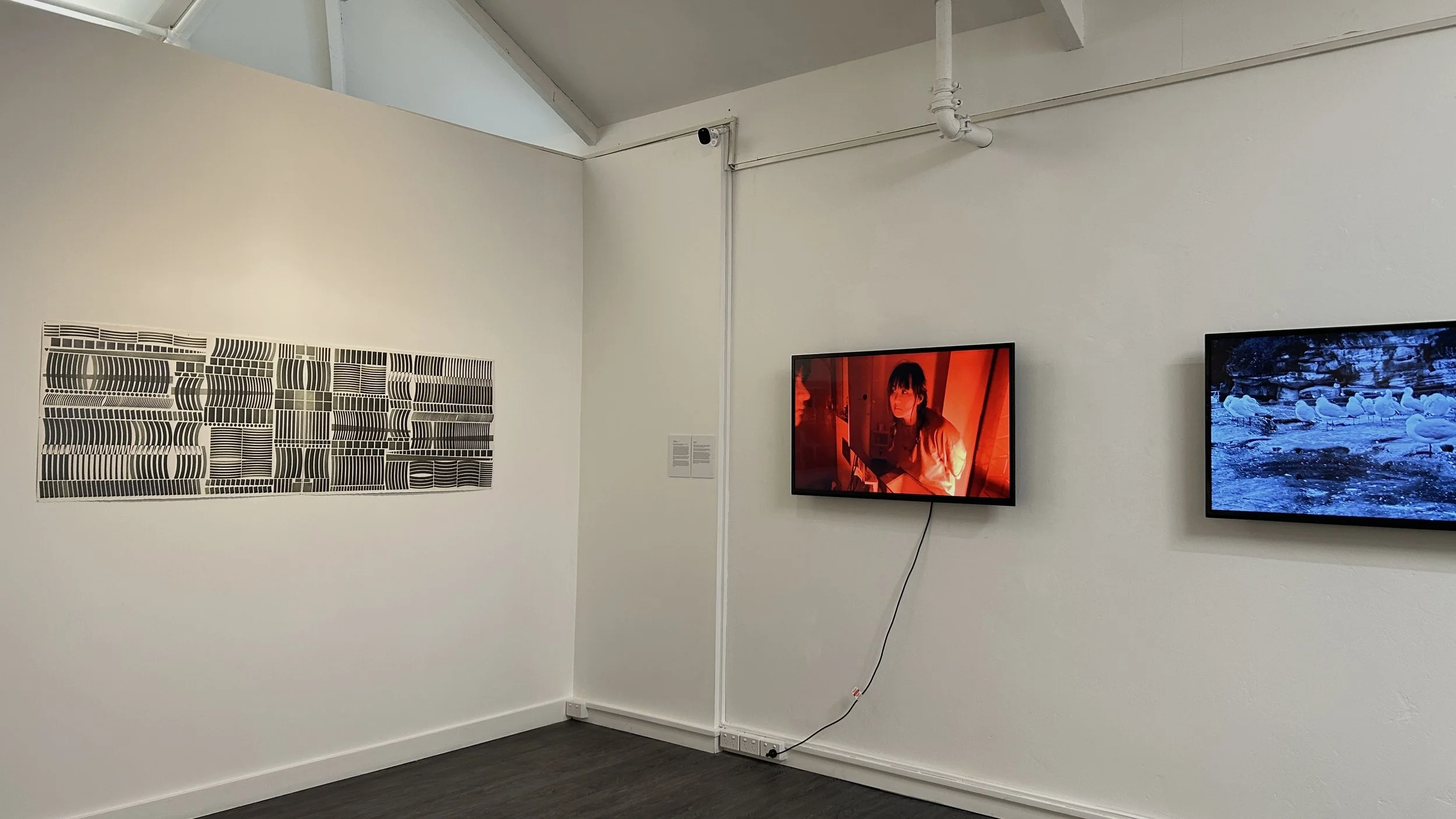 An art gallery features a black and white graphic artwork on the left wall and two digital screens on the right wall, displaying scenes with a red-tinted woman and birds.