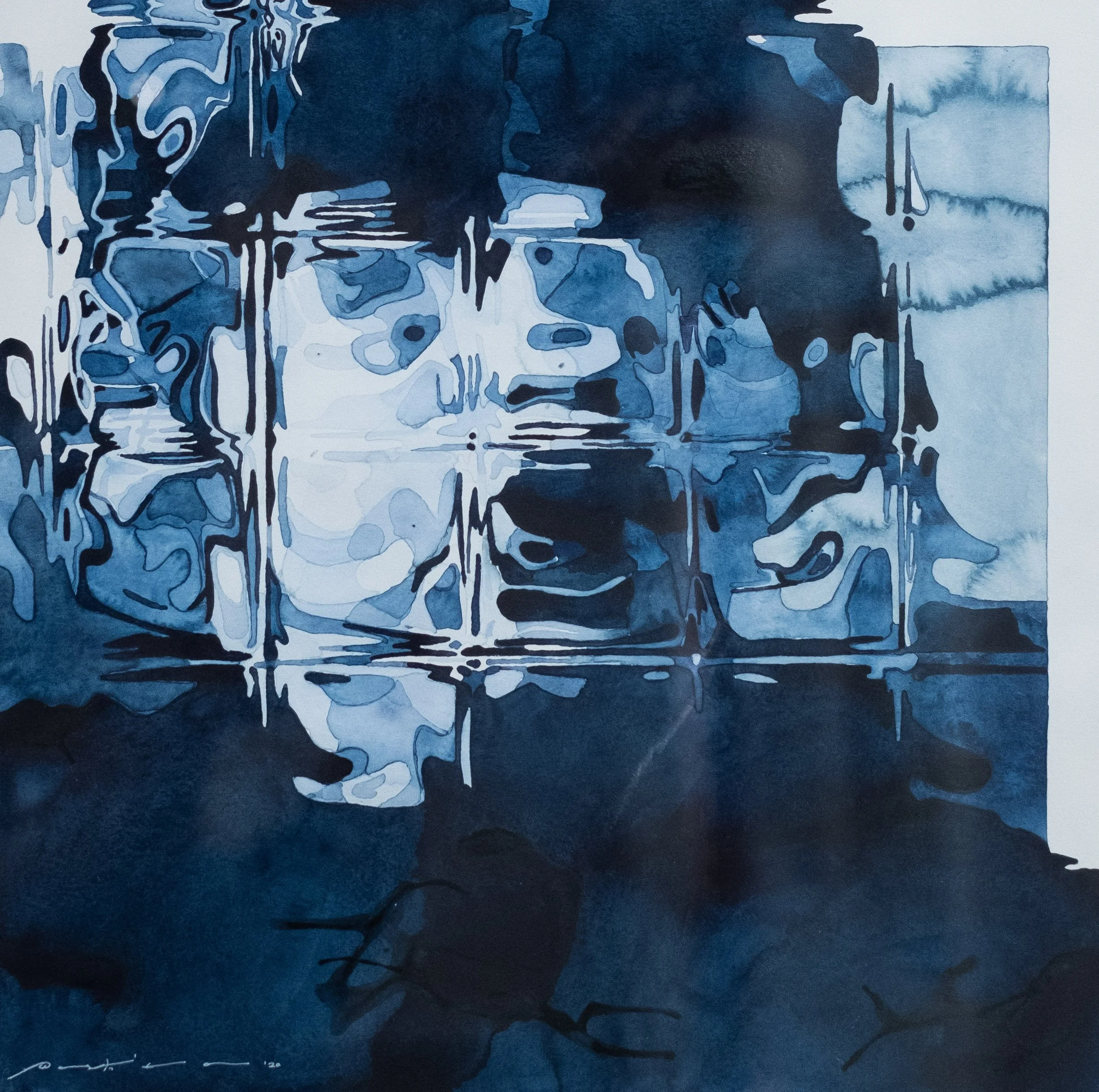 An abstract watercolor painting in shades of blue, black, and white, with flowing and irregular shapes and lines.