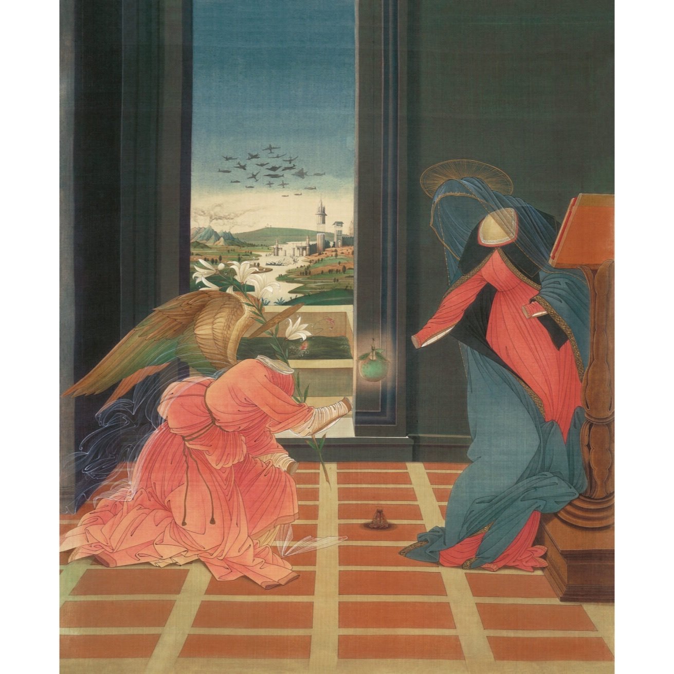  The Message: Conversation with Sandro Botticelli 
 Ink &amp; colour pigment on silk 
 116 x 149 cm, 2013 