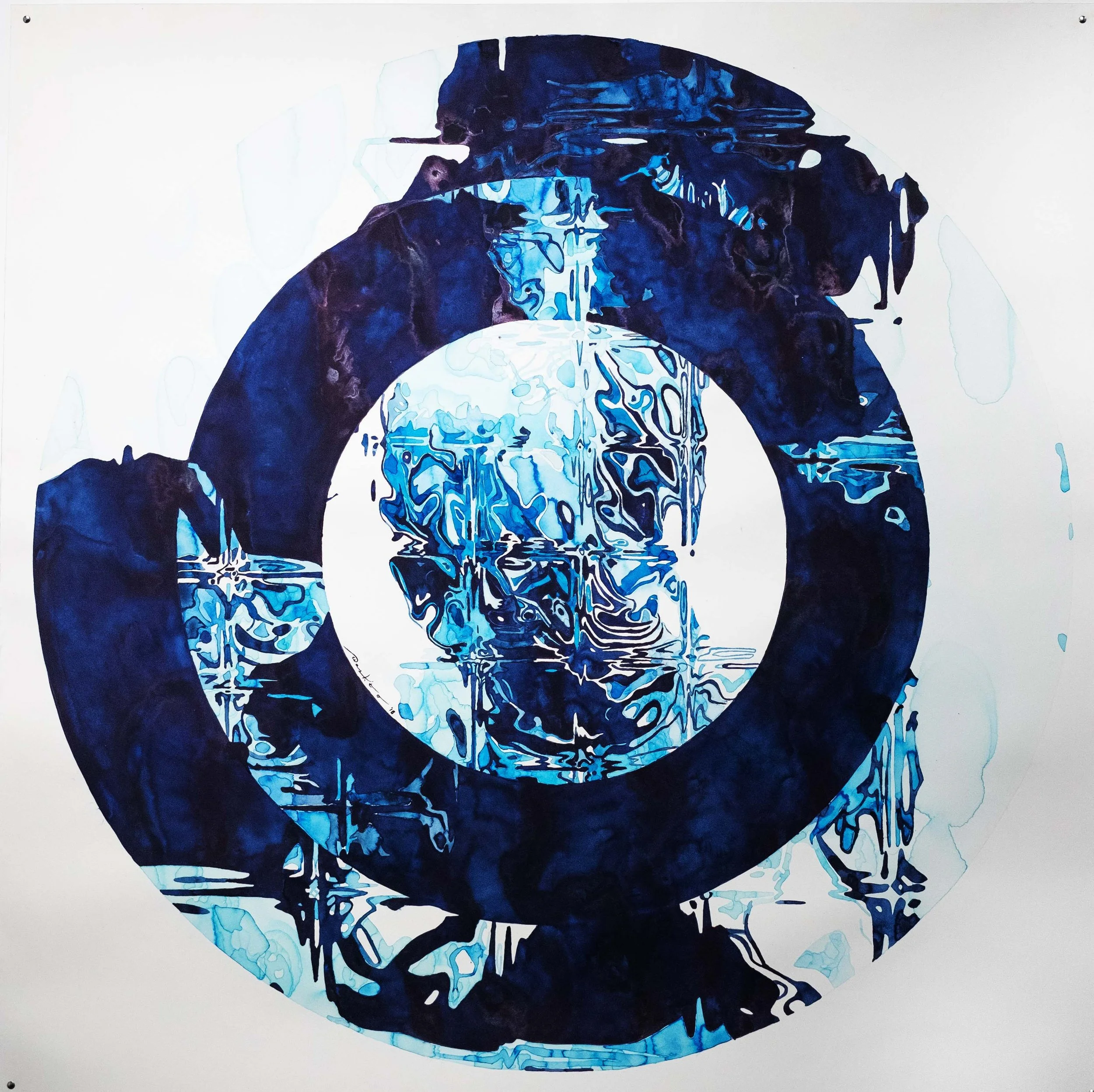 Abstract artwork with a circular shape in shades of blue and dark purple, featuring intricate patterns and watercolor effects.