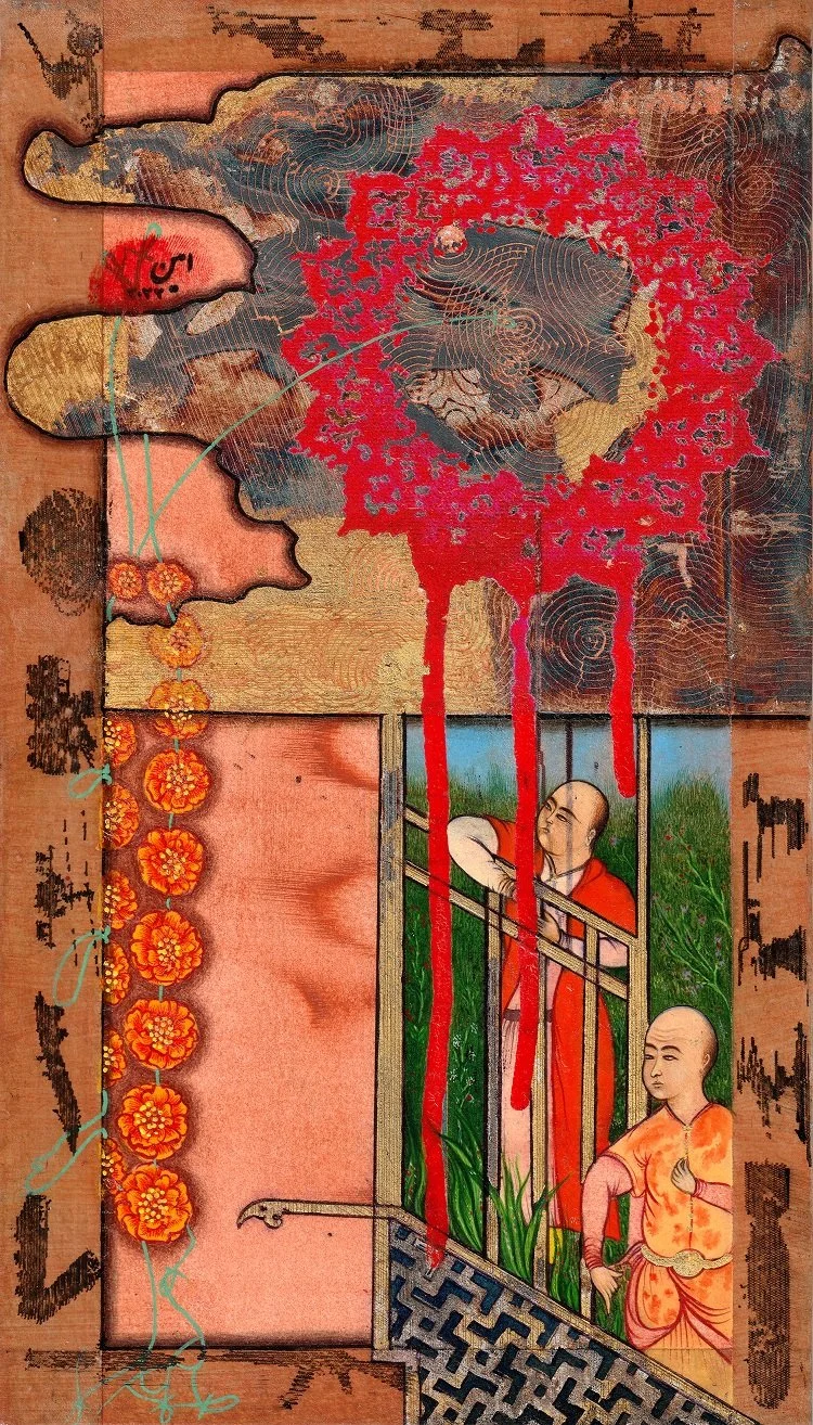 A traditional Asian-style painting featuring two monks, a red tree with flowing paint, flowers on the left, and Asian calligraphy around them.