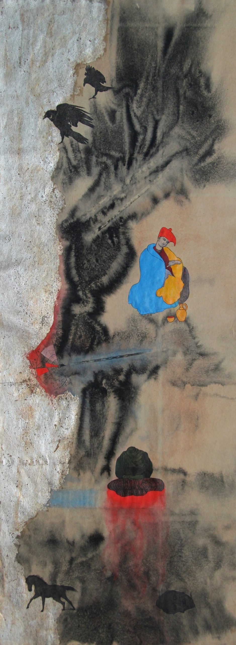 Mixed media artwork featuring black and gray abstract shapes, silhouettes of birds, a person in traditional attire with a red head covering, a teapot and bowl, a dog, and a pig, with textured and painted elements on a worn wall.